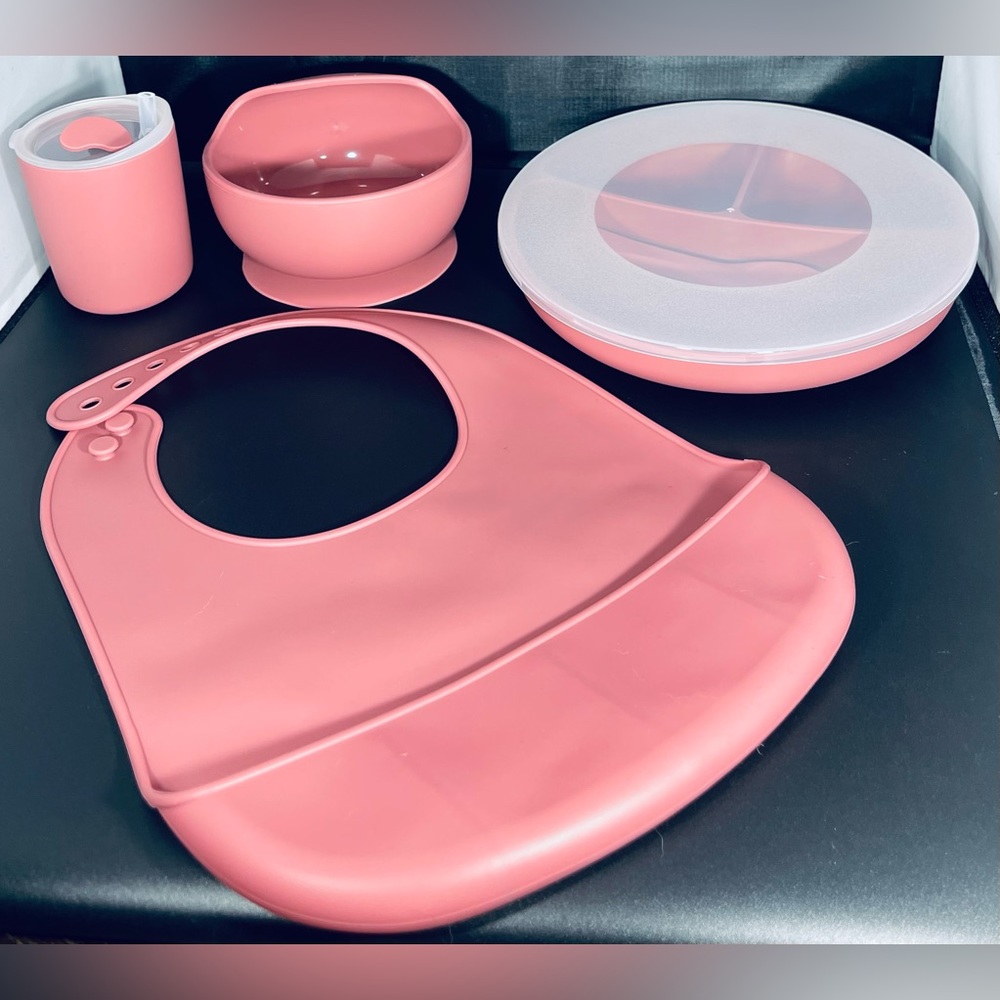 Pink 6 piece silicone baby feeding set ( New)